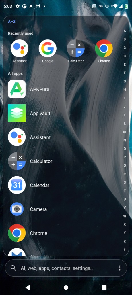 App drawer with recently used apps and alphabetical list