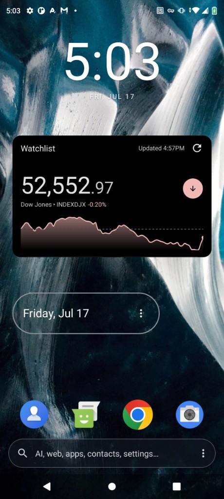 Light Launcher home screen with clock, widget, dock, and unified search
