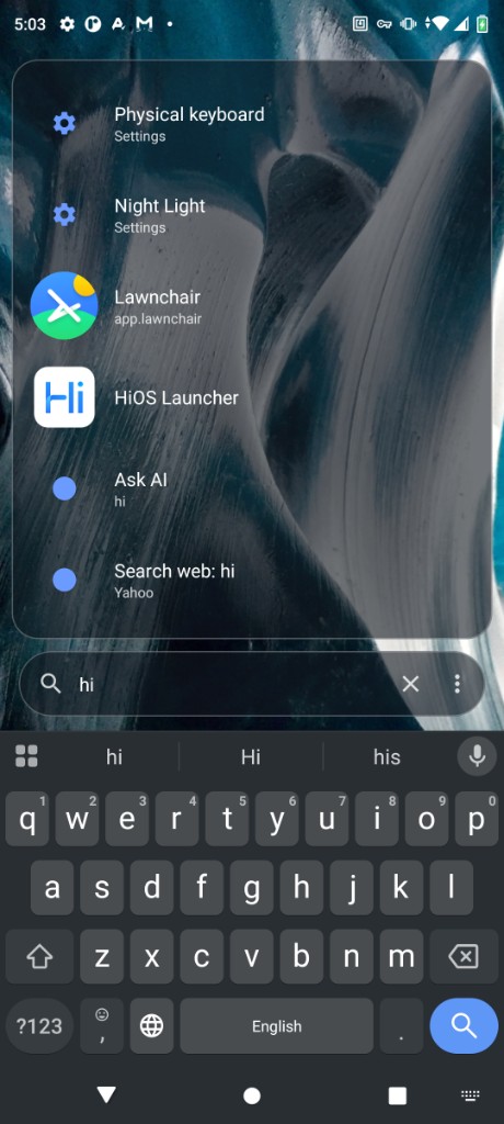 Unified search results for settings, apps, Ask AI, and web